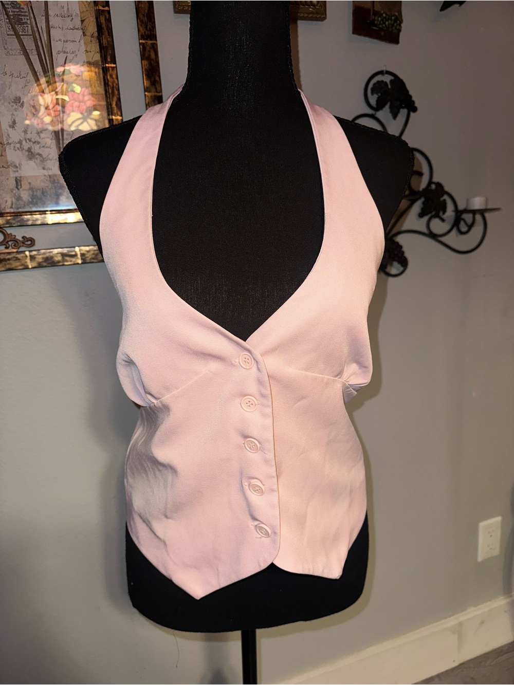 Vintage Y2K Bobby J Light Pink Halter Button-Front Vest Top, Size L